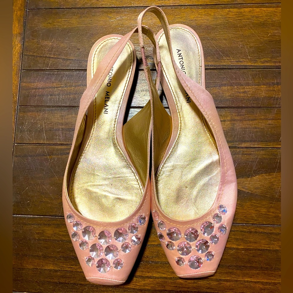 🩰🎀Pre-Loved ANTONIO MELANI Pink Jeweled Twinkle Flat Slingbacks Size 9M🩰🎀